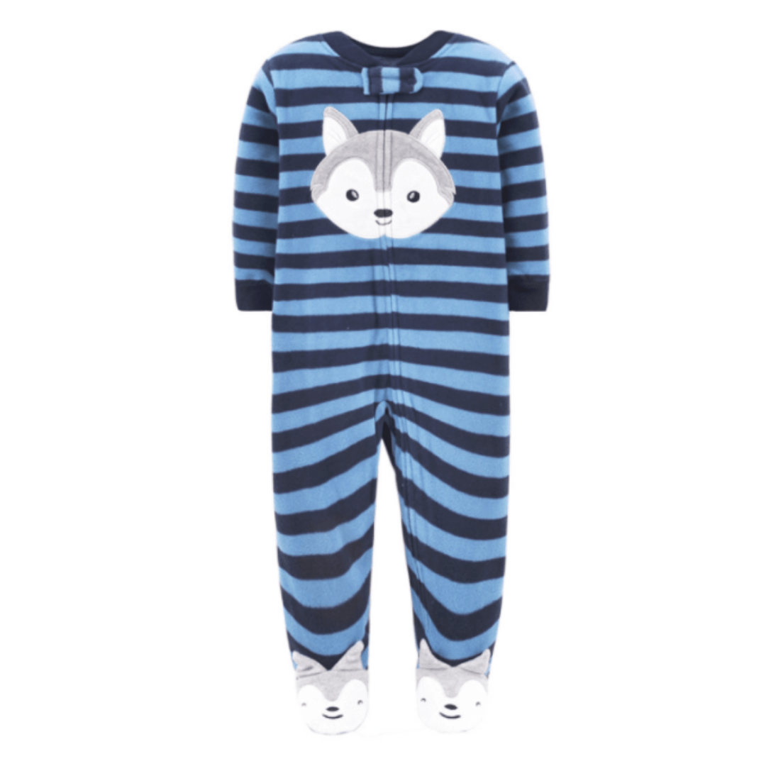 Adorable baby unisex microfleece jumpsuit pajamas with a cartoon husky design, perfect for cozy sleep.