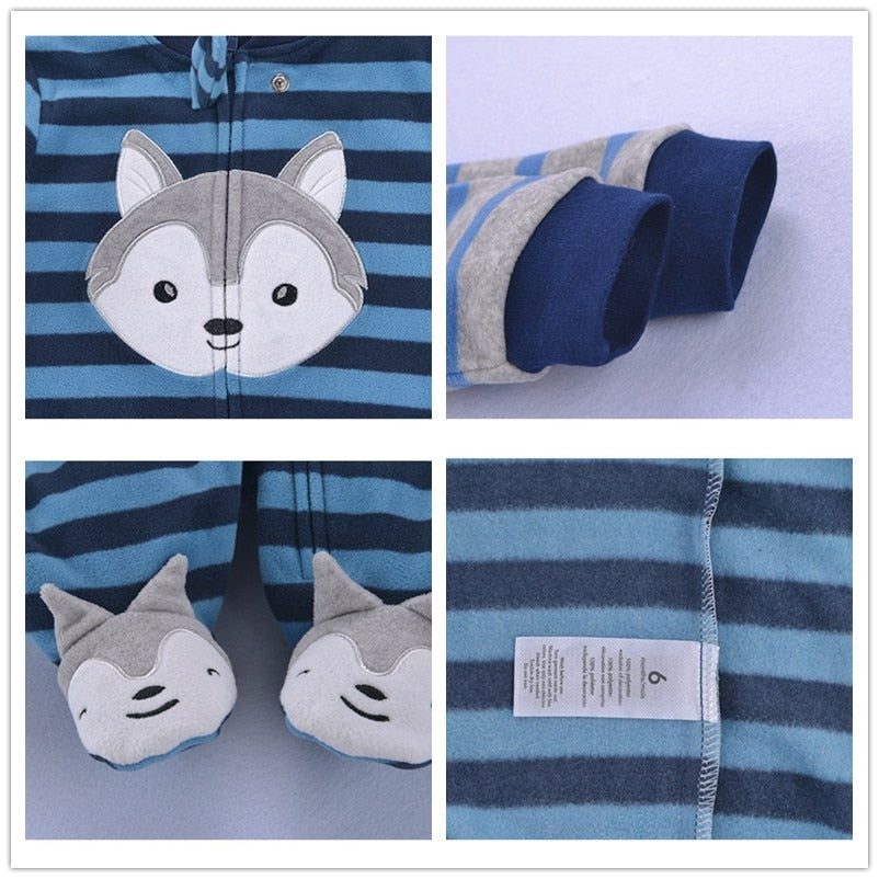 Comfortable baby gift: Unisex microfleece jumpsuit pajamas with a fun cartoon husky pattern.