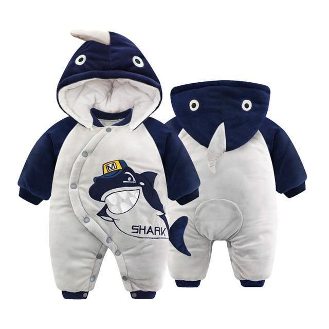 Playful infant character romper, full-body soft plush design for baby boys and girls.