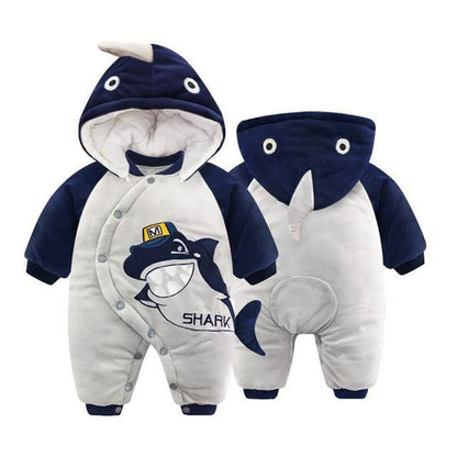 Playful infant character romper, full-body soft plush design for baby boys and girls.