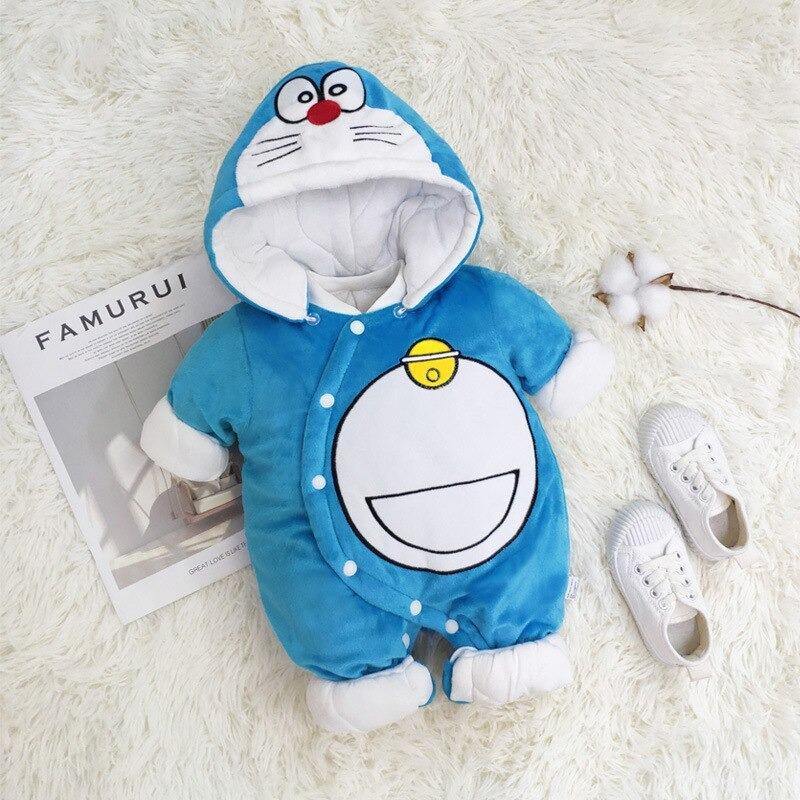 Cozy hooded infant jumpsuit with cute animal character details, ideal for baby boys and girls.