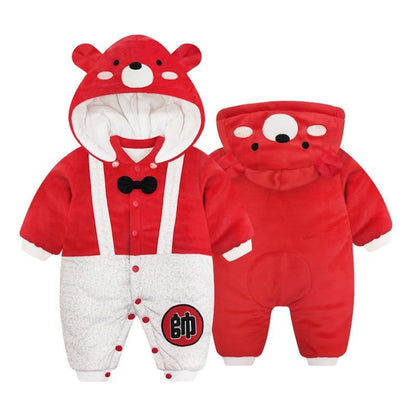 Soft plush baby romper, unisex design, featuring a fun character face on the hood.