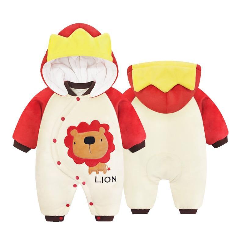 Baby character jumpsuit in warm, fuzzy material, suitable for newborns and infants.