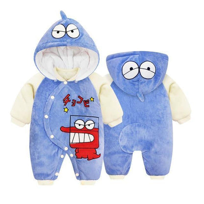 Newborn plush jumpsuit, extra soft, with charming character ears on the hood for warmth.