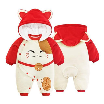 Cute character baby clothing, a soft plush hooded jumpsuit for ultimate infant comfort.