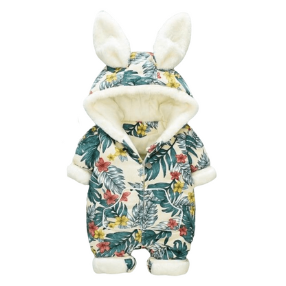 Adorable baby unisex rabbit ear hooded jumpsuit in soft pink, perfect for cozy winter warmth