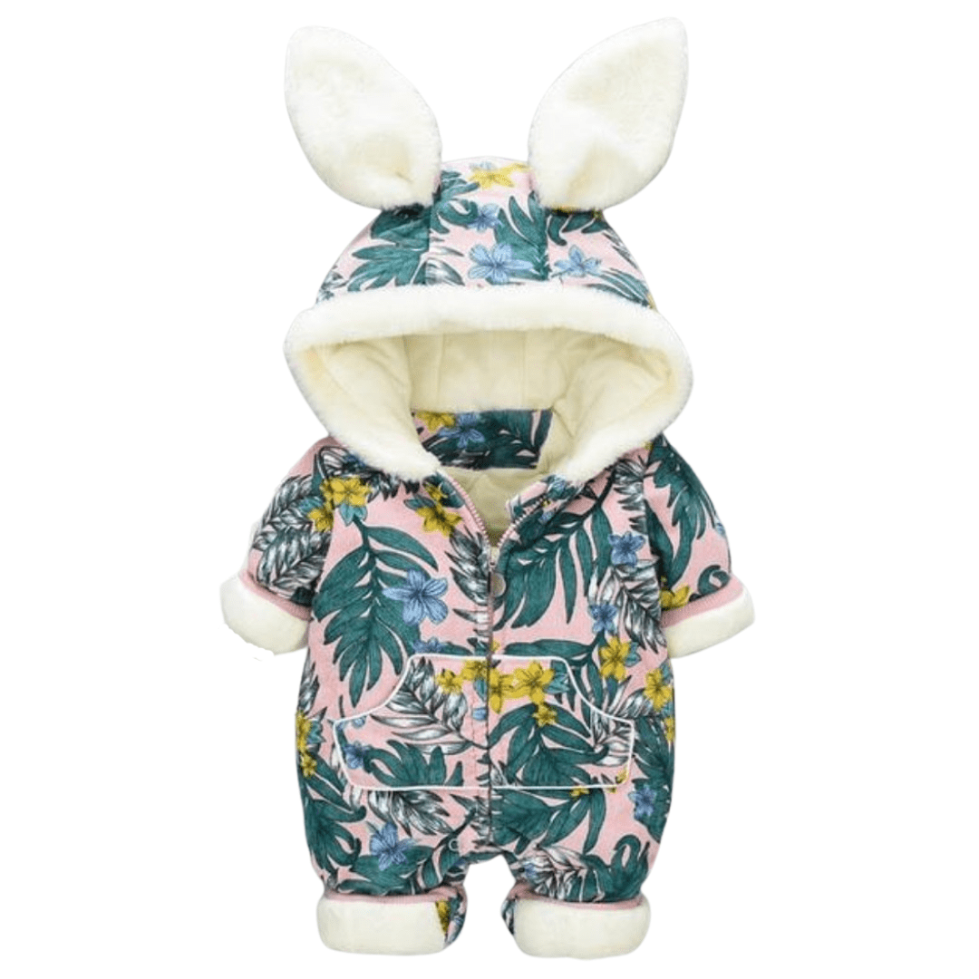 Cute infant rabbit ear hooded romper in light blue, made of comfortable cotton spandex for winter