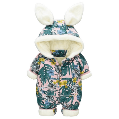 Cute infant rabbit ear hooded romper in light blue, made of comfortable cotton spandex for winter