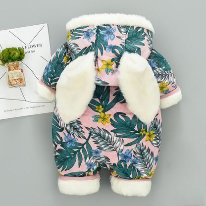 Newborn unisex baby jumpsuit with fun rabbit ears and hood, ideal for warm winter fashion