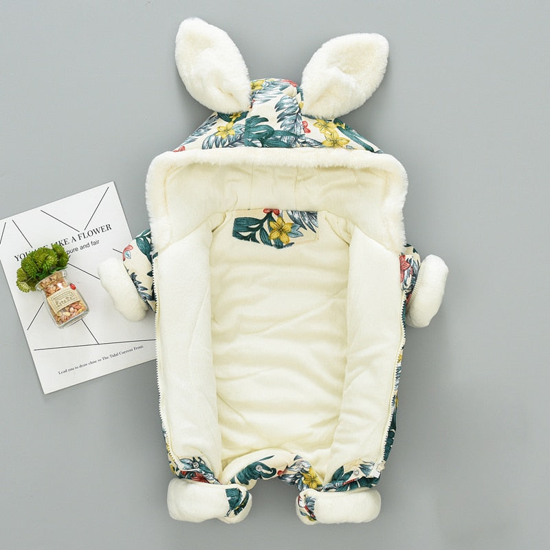 Charming baby parka-style jumpsuit with rabbit ears, providing cozy winter warmth for infants