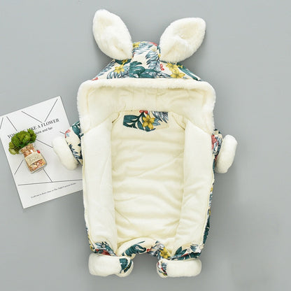 Charming baby parka-style jumpsuit with rabbit ears, providing cozy winter warmth for infants
