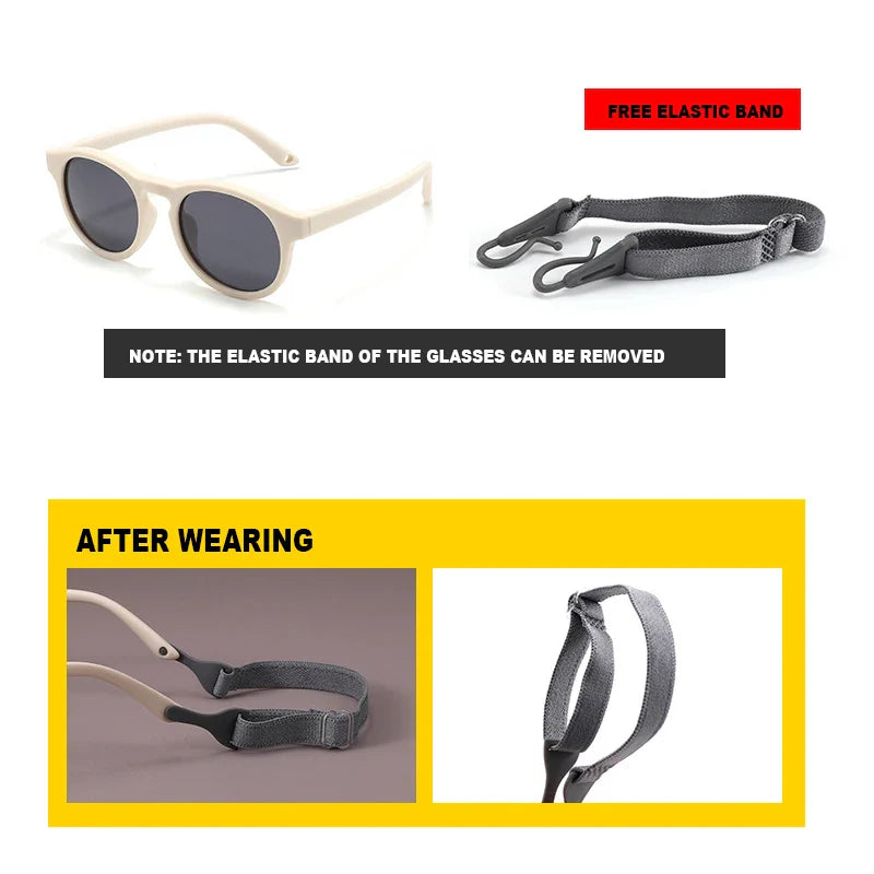 Infant playing outdoors wearing yellow polarized UV400 sunglasses, showcasing toddler shades and UV protection.