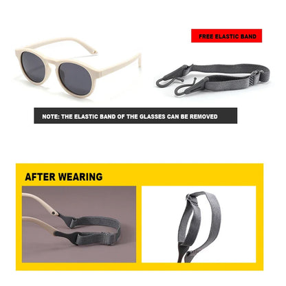 Infant playing outdoors wearing yellow polarized UV400 sunglasses, showcasing toddler shades and UV protection.