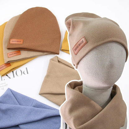 Close-up of a cozy baby winter hat and scarf set, soft polyester cotton, newborn clothes