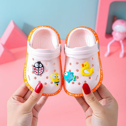 Front view of bright yellow cartoon EVA sandals, comfortable and durable children's footwear