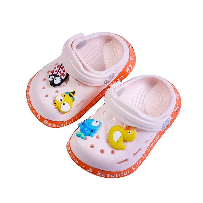 Side profile of a purple cartoon EVA sandal, lightweight and safe for little boys and girls