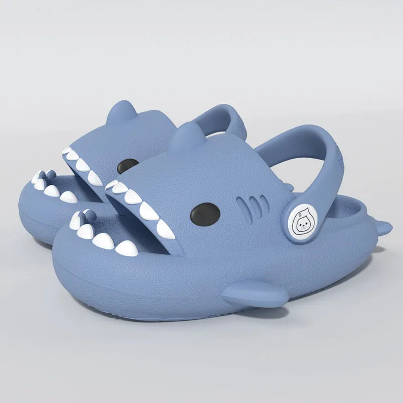 Adorable blue shark cartoon sandals for kids with anti-slip sole, perfect summer footwear.