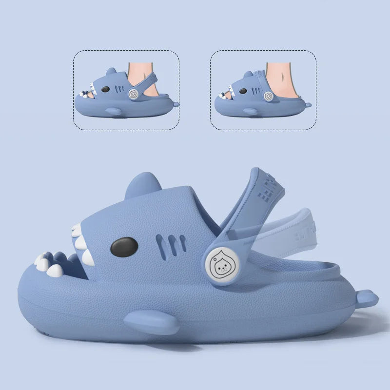 Kids' summer sandals featuring a fun shark cartoon, anti-slip for safe play.