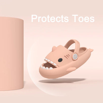 Playful shark cartoon sandals for kids, anti-slip, perfect for beach or home.