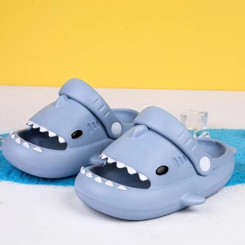 Adorable blue shark shape cartoon slippers for children, soft EVA, non-slip design, perfect for home wear
