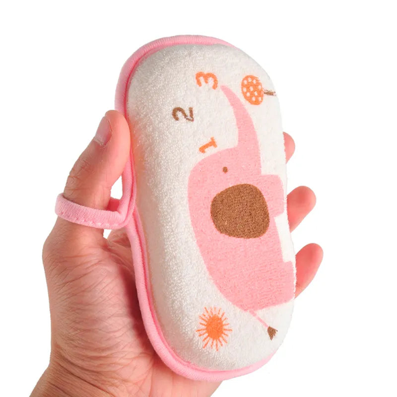 Adorable cartoon elephant baby bath sponge for gentle toddler skin, fun bath time hygiene.