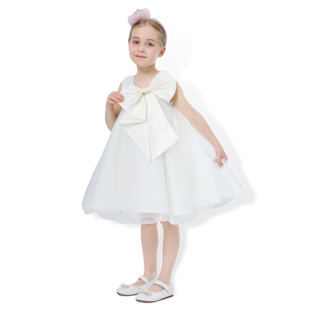 Adorable girls' big bow sleeveless cocktail dress, perfect for parties and special occasions.