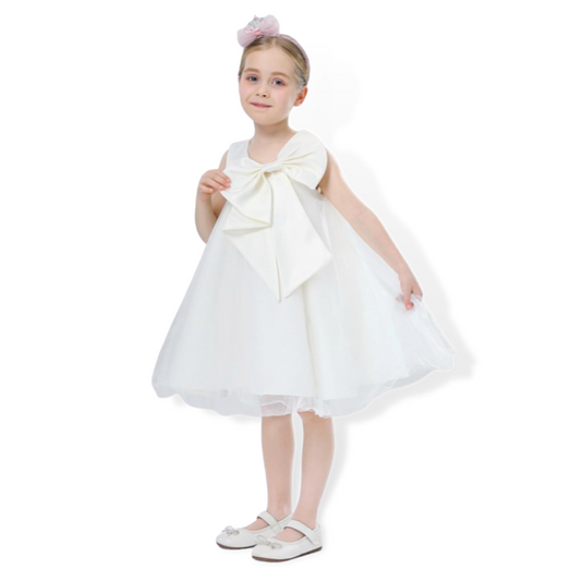 Adorable girls' big bow sleeveless cocktail dress, perfect for parties and special occasions.
