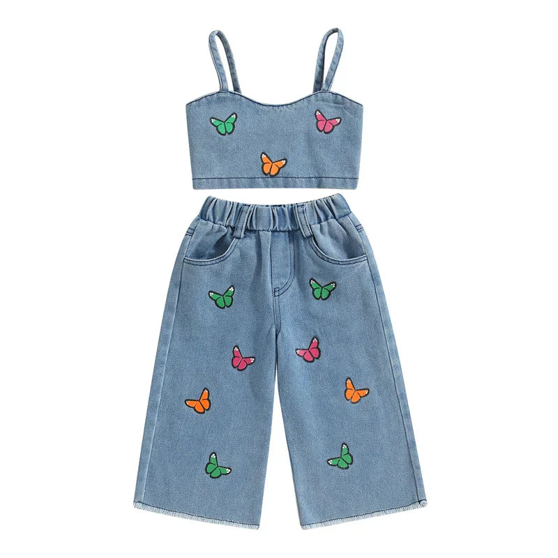 Adorable girls' embroidered denim shorts and top set for summer, blue cotton casual wear, kids fashion
