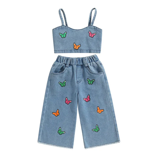 Adorable girls' embroidered denim shorts and top set for summer, blue cotton casual wear, kids fashion