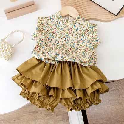 Adorable girls' floral print summer top and skirt set in soft cotton for toddlers, perfect playwear.