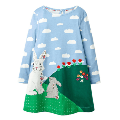 Adorable girls' long sleeve bunny dress, knee-length, soft cotton, perfect for toddlers' play.