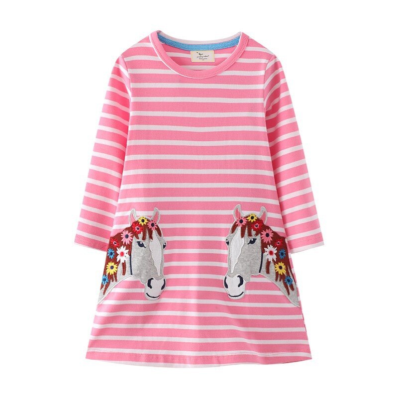 Charming long sleeve bunny print knee-length dress for girls, o-neck, breathable cotton fabric.