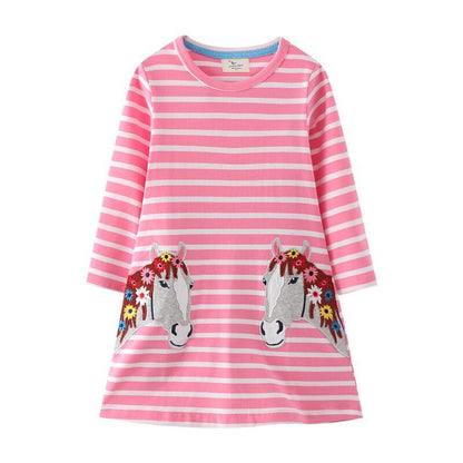 Charming long sleeve bunny print knee-length dress for girls, o-neck, breathable cotton fabric.