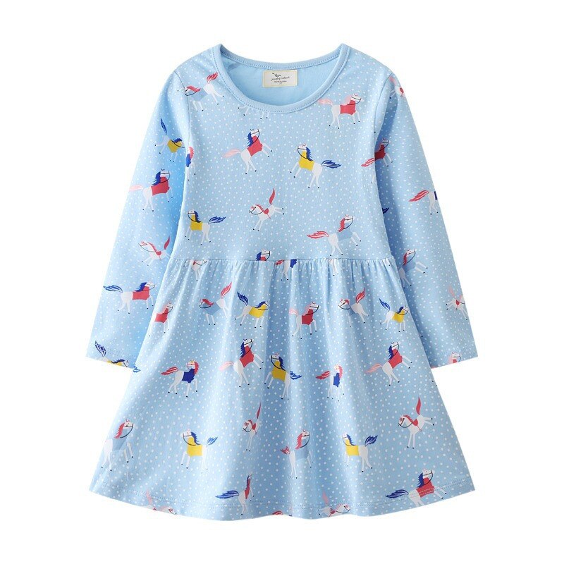 Adorable bunny print long sleeve knee-length dress for girls, comfy cotton, stylish kids fashion.