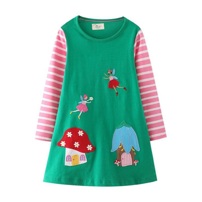 Comfy long sleeve cotton bunny dress for girls, knee-length, perfect toddler's cute play dress.