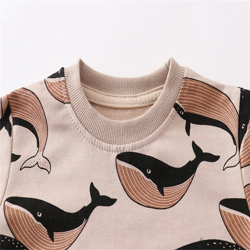 Adorable girls' long sleeve cotton dress with blue whale print, perfect for fall toddler fashion