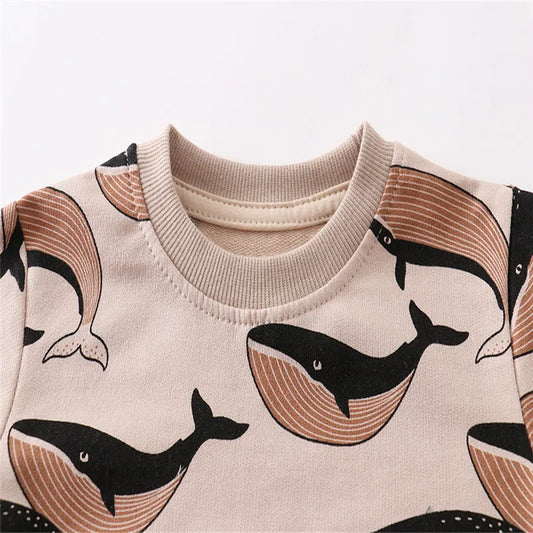 Adorable girls' long sleeve cotton dress with blue whale print, perfect for fall toddler fashion