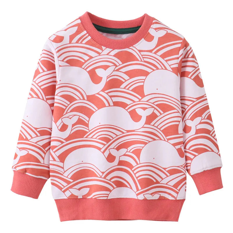 Toddler girl in a soft cotton long sleeve dress featuring an all-over whale pattern, front view