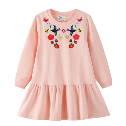Adorable girls' long sleeve cotton dress with playful embroidery & patch design, perfect for spring/autumn toddlers.