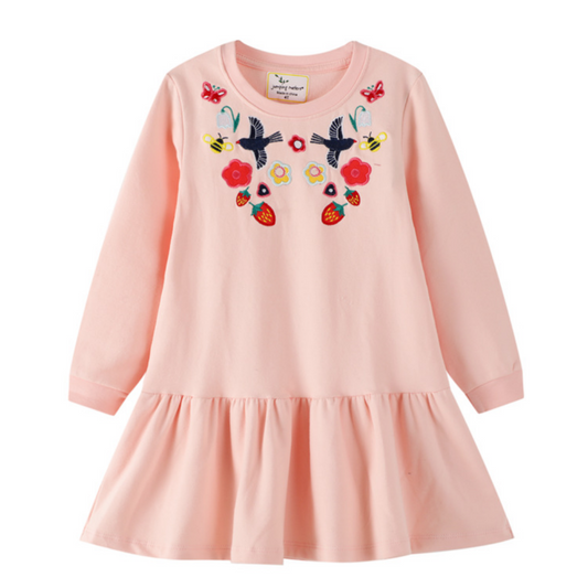 Adorable girls' long sleeve cotton dress with playful embroidery & patch design, perfect for spring/autumn toddlers.