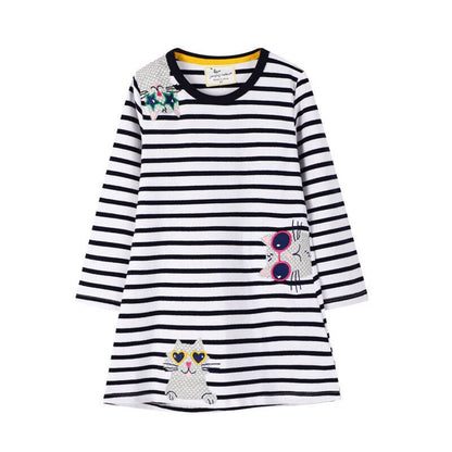 Casual girls' cotton long sleeve dress with charming embroidery and unique patch details for kids.