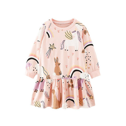Embroidered patch design long sleeve dress for girls, comfortable cotton, ideal for casual wear.