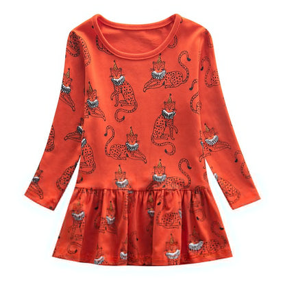 Adorable girls' long sleeve cotton dress, knee-length, with unique embroidery patch details for toddlers.