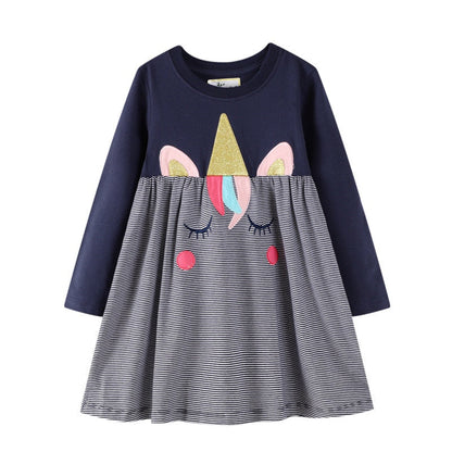 Kids' fashion long sleeve dress: charming embroidery & patch, soft cotton, perfect for spring/autumn.