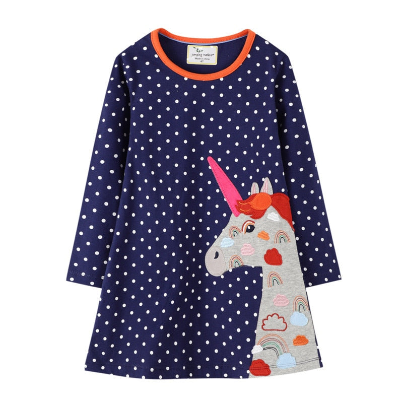Girls' casual long sleeve dress with cute embroidery and vibrant patch design, knee-length, cotton.