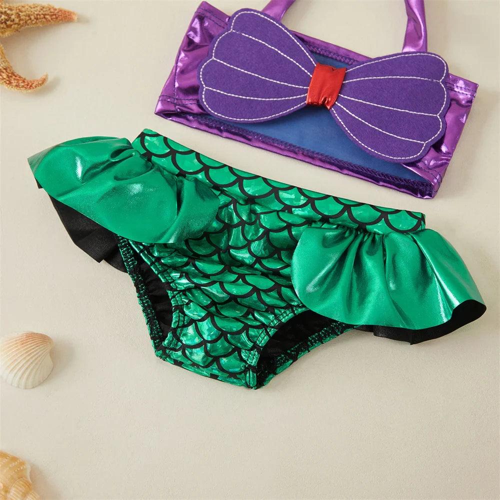 Summer essential: baby girl's mermaid bikini set, includes a ruched top, scale bottom, and a matching headband