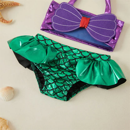 Summer essential: baby girl's mermaid bikini set, includes a ruched top, scale bottom, and a matching headband