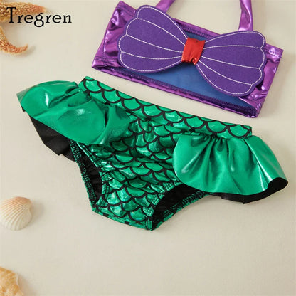 Mermaid fashion children's swimwear set, pink and blue scale print, comfortable polyester fabric, with headband
