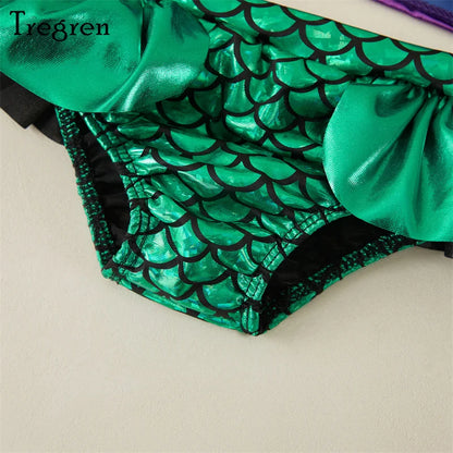 Baby girl's adorable mermaid bikini with a cute fin detail on bottom and a soft fabric headband, kid's beachwear