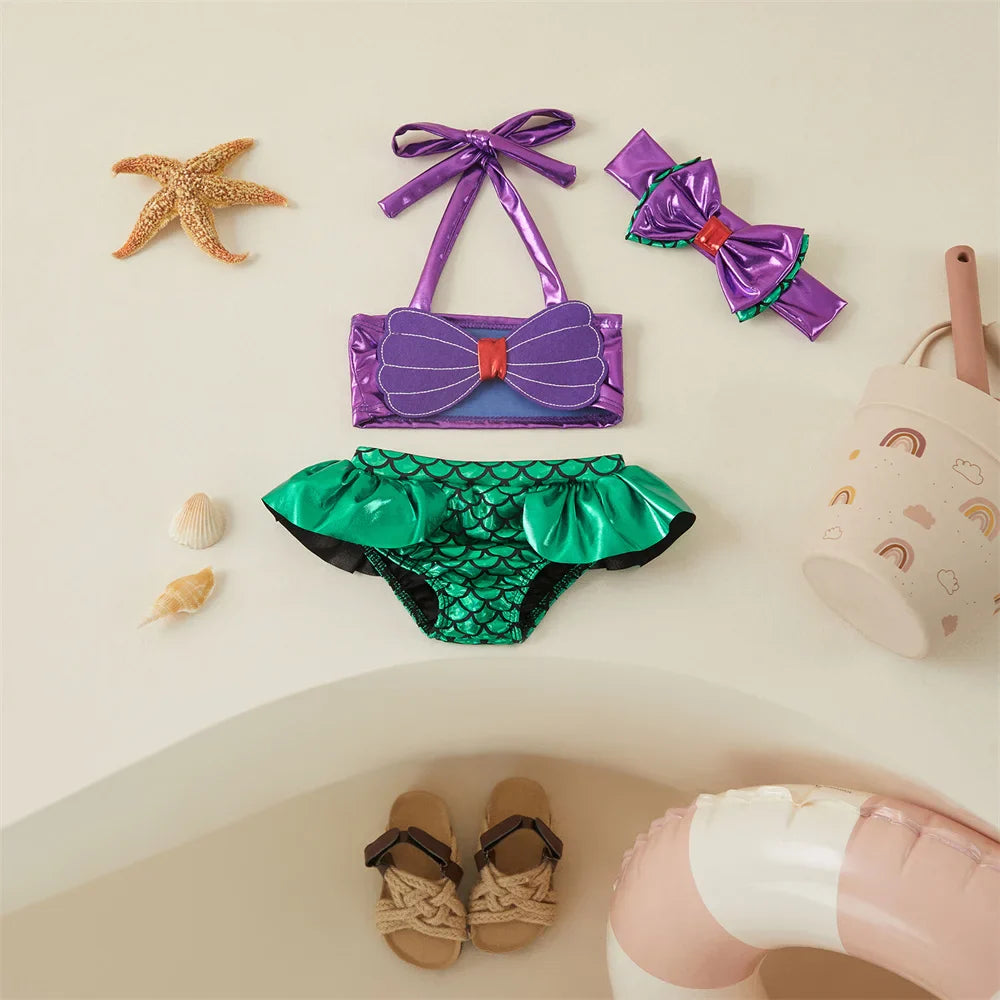 Kids' beachwear: charming mermaid scale print swimsuit set, top, bottom, and headband, perfect for warm weather